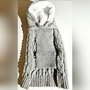 Small Dog Gray Cable Knit Hooded Sweater White Pom Pom Chihuahua Puppy